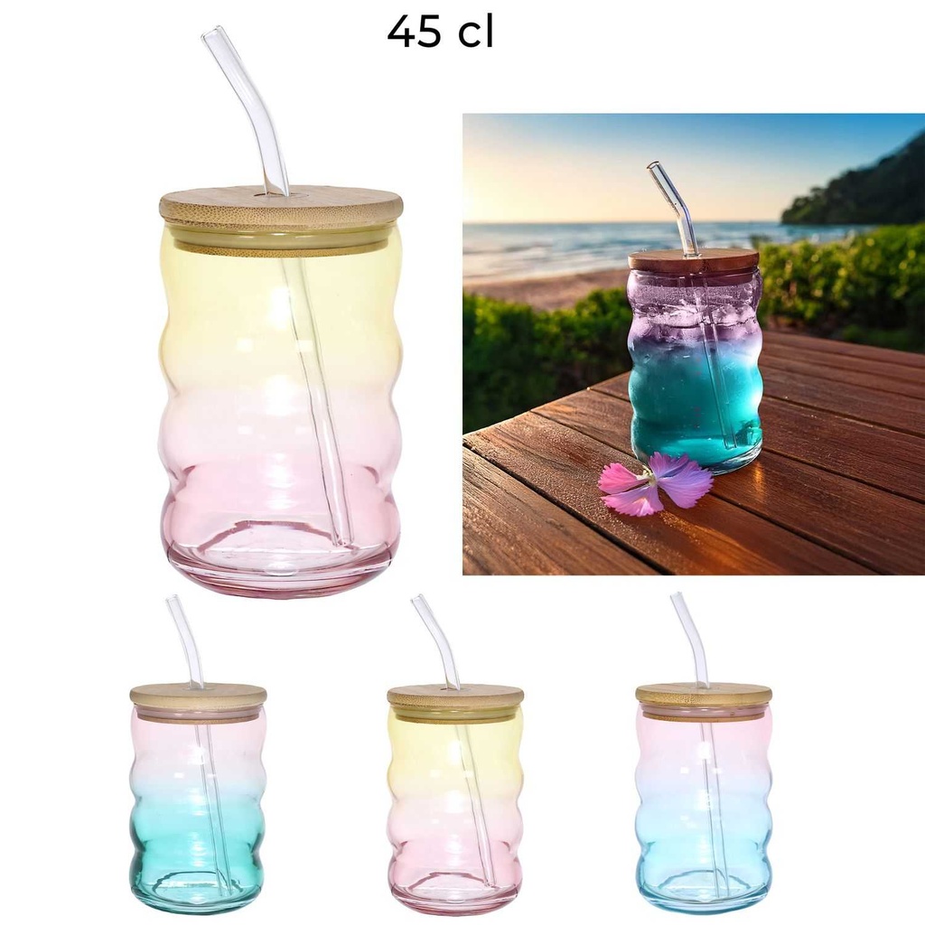 Home Deco Factory Gobelet Verre Paille Couvercle Bambou Tie & Dye 450ml
