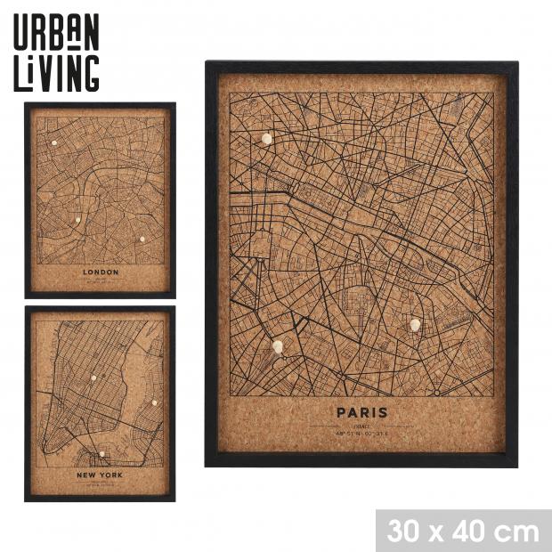 Tableau mémo en liège Urban Living METROPOLIS 30x40 cm, 3 modèles de cartes villes disponibles