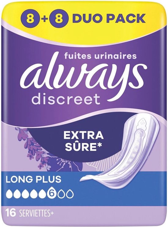 Always Discreet Serviettes Fuites Urinaires Long Plus 6 Gouttes x16