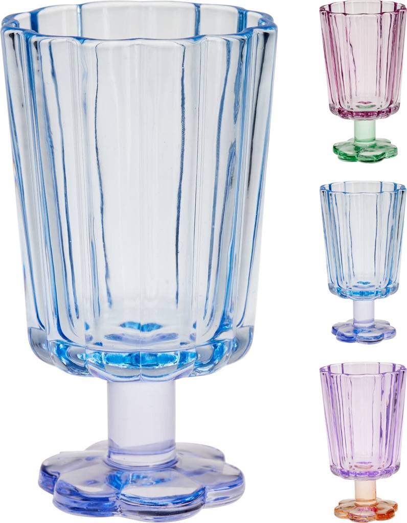 Verre à pied cannelé 230ml, base fleur - 3 couleurs disponibles