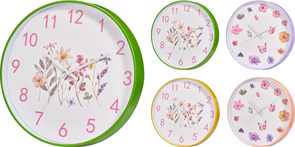 Horloge Murale Ø30cm Polypropylène - 4 Motifs Fleurs Papillons