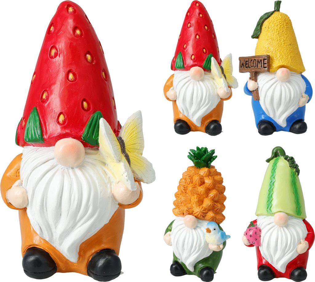 Figurine Gnome Jardin Chapeau Fruit en Résine 8cm - 4 Motifs Disponibles