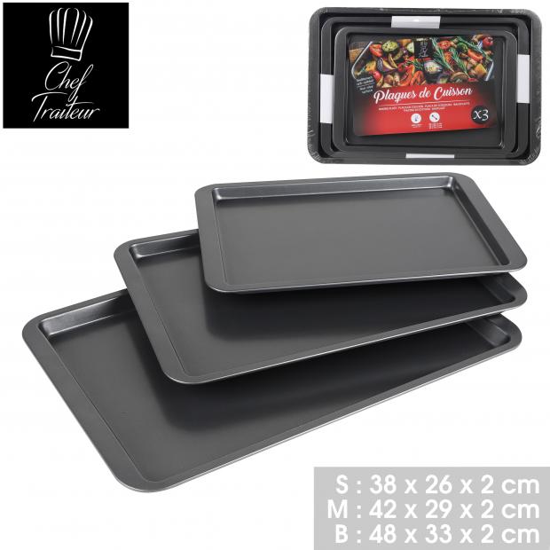 Chef Traiteur Lot 3 Plaques de Cuisson Antiadhésives Gris Anthracite Tailles Variées
