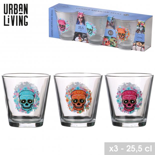 Urban Living Lot de 3 Verres Crânes Mexicains 25,5 cl