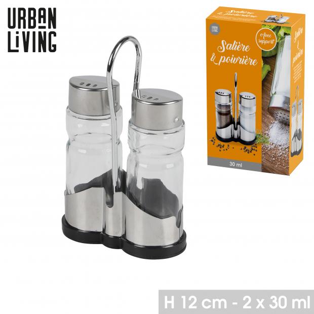 Urban Living METAL LINE Salière Poivrière Verre Support Métal 2x30ml H12cm