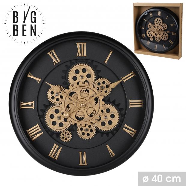 Big Ben Horloge Murale Mécanique Engrenages Apparents Noir Or Ø40cm