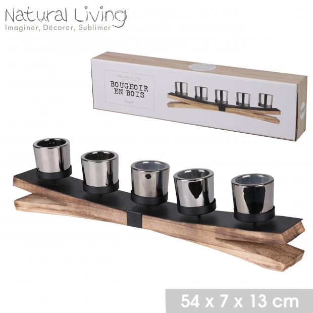 Natural Living Bougeoir 5 Chandelles Bois Brut & Métal Noir/Argent 54cm