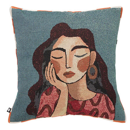 Coussin Atmosphera Homy jacquard portrait femme bleu 40x40 cm
