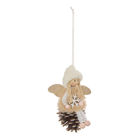 Atmosphera Sujet Fée de Noël Bonnet Beige Pomme de Pin 12 cm