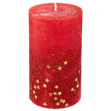 Atmosphera Bougie Cylindre Rouge Pailletée Étoiles Dorées 7x12cm