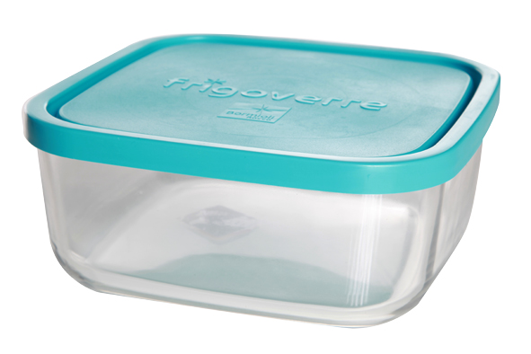 Bormioli Rocco Frigoverre Boîte Carrée Verre 22x22 cm Couvercle Bleu