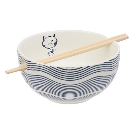 Bol Poké avec baguettes Atmosphera Nippon Grès D.18cm, Chat & Vagues Bleues