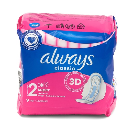 Always sanitary napkins Classic 9pc Maxi with wings labelled