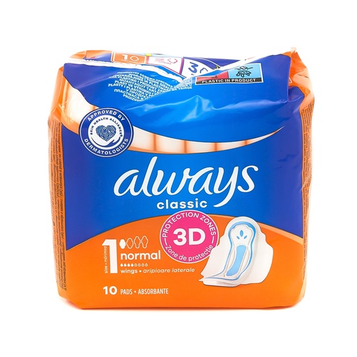 Always sanitary napkins Classic 10pc Normal with wings labelled