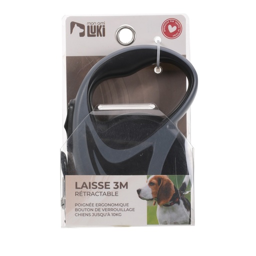 LAISSE RÉTRACTABLE FILAIRE CHIENS 10KG ANTHRACITE ET NOIR 3M