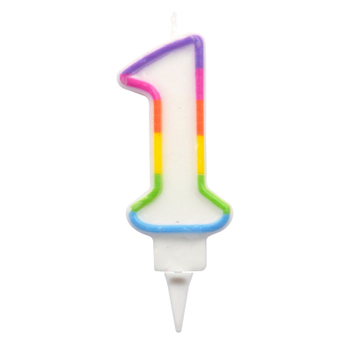 BOUGIE ANNIVERSAIRE CHIFFRE 1 AVEC SUPPORT PLASTIQUE H7,8CM MULTICOLORE