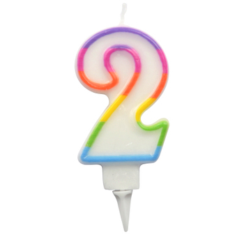 BOUGIE ANNIVERSAIRE CHIFFRE 2 AVEC SUPPORT PLASTIQUE H7,8CM MULTICOLORE