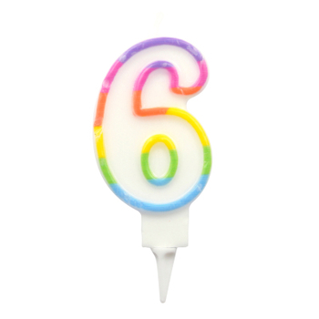 BOUGIE ANNIVERSAIRE CHIFFRE 6 AVEC SUPPORT PLASTIQUE H7,8CM MULTICOLORE