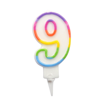 BOUGIE ANNIVERSAIRE CHIFFRE 9 AVEC SUPPORT PLASTIQUE H7,8CM MULTICOLORE