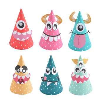 KIT DE 6 CHAPEAUX ANNIVERSAIRE EN CARTON A PERSONNALISER H16CM MONSTRES