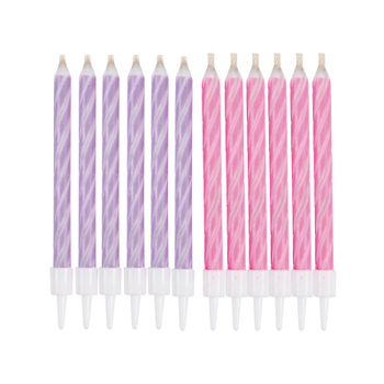 SET DE 12 BOUGIES ANNIVERSAIRE MAGIQUE+SUPPORT H6CM ROSE ET VIOLET