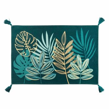 TAPIS RECTANGLE+POMPONS 60 x 90 CM POLYCOTON IMPRIME METALLISE ORNELLA EMERAUDE