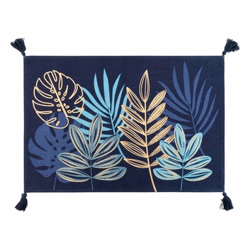 TAPIS RECTANGLE+POMPONS 60 x 90 CM POLYCOTON IMPRIME METALLISE ORNELLA BLEU
