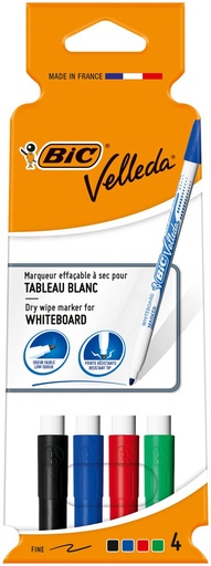 BIC VELLEDA MARQUEURS POUR TABLEAU BLANC FINE POINTE AVEC POCHETTE -  4 PIÈCES
