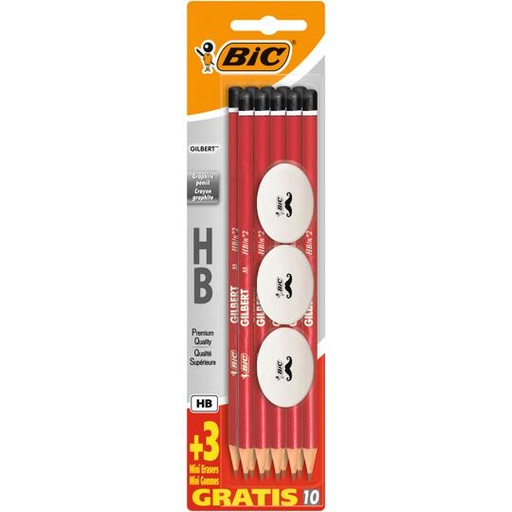 Gilbert BIC 10 Crayons Graphite HB N°2 Rouges + 3 Mini Gommes