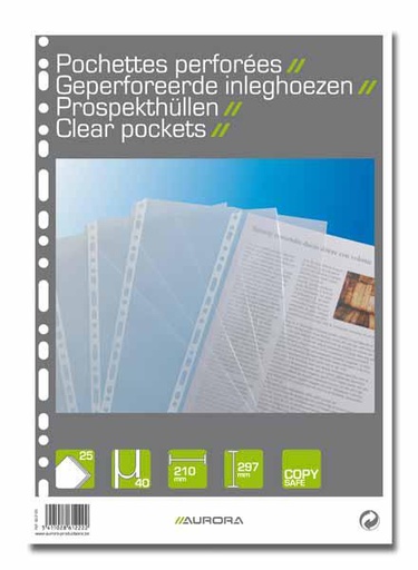 AURORA Pochettes perforées A4 Transparentes 40 microns x25 23 Trous Anti-transfert