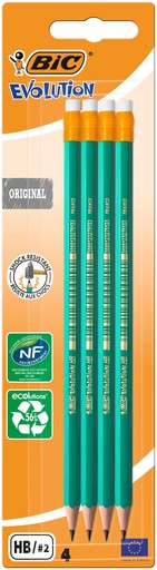 BIC 4 CRAYONS ÉVOLUTION AVEC GOMME HB N2