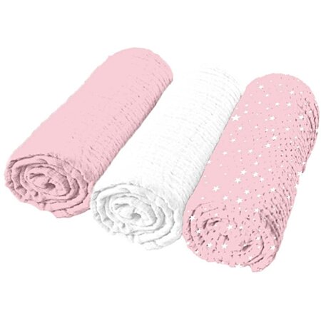 SET DE 3 LANGES 100% GAZE DE COTON 1 IMPRIMÉ ET 2 UNIS 70*70CM ROSE ET BLANC