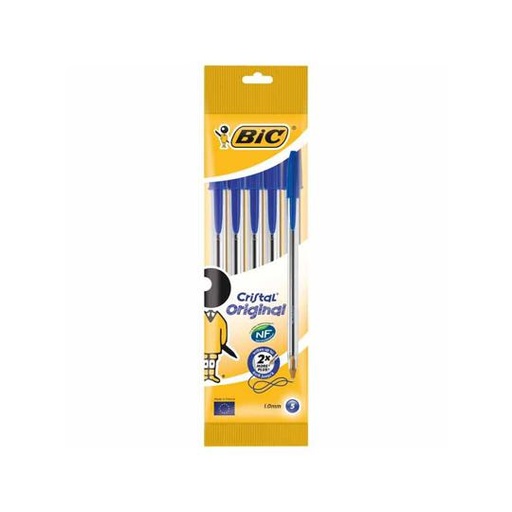 Bic Cristal Original Stylo Bille Bleu Pointe Moyenne 1.0mm, Lot de 5
