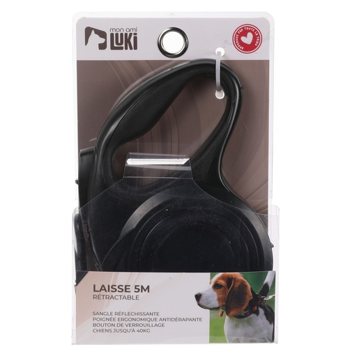 LAISSE RETRACTABLE SANGLE REFLECHISSANTE CHIENS 40KG NOIR 5M