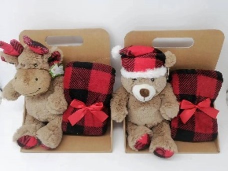 JOUET NOEL PELUCHE 22CM COUVERTURE ROUGE 100X75CM ASS RENNE/OURS