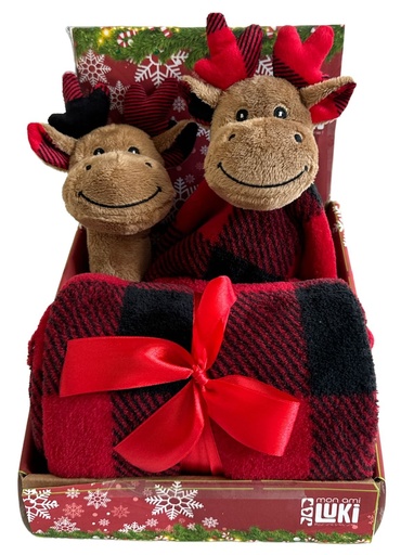 JOUET NOEL PELUCHE 12CM COUVERTURE ROUGE 100X75CM ASS RENNE/OURS
