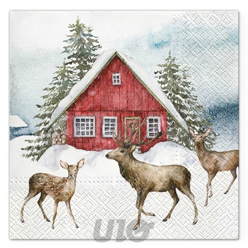 SET DE 20 SERVIETTES EN PAPIER - 3 PLIS - 33x33CM - MOTIF MAISON DANS LA NEIGE