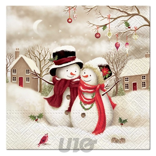 SET DE 20 SERVIETTES EN PAPIER - 3 PLIS - 33x33CM - MOTIF COUPLE BONHOMMES DE NEIGE