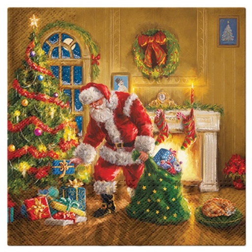 SET DE 20 SERVIETTES PAPIER - 3 PLIS - 33x33CM - MOTIF PÈRE NOËL ET LES CADEAUX