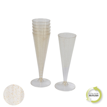 SET DE 6 FLÛTES À CHAMPAGNE EN PLASTIQUE RÉUTILISABLES - 12CL - PAILLETÉ COULEUR OR