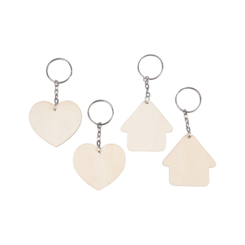 SET DE 4 PORTE-CLÉS BOIS 2 MODÈLES ASSORTIS COEUR / MAISON