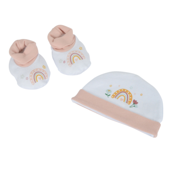 LOT BONNET + CHAUSSONS TAILLE NAISSANCE 100% COTON ARC-EN-CIEL FANTASY GARDEN
