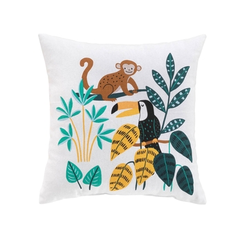 COUSSIN DEHOUSSABLE 40 x 40 CM COTON IMPRIME JUNGLE STORY BLANC DES. PLACE