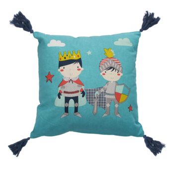 COUSSIN DEHOUS. COMPR. POMPONS 40x40 CM COTON IMPRIME CLOVIS BLEU CIEL DES PLACE