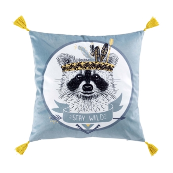 COUSSIN DEHOUS. COMPR. POMPONS 40 x 40 CM VELOURS IMPRIME FILOU DES.  PLACE