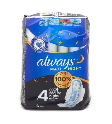ALWAYS CLASSIQUE MAXI SÉCURISÉ NUIT 6 PIÈCES AVEC AILES TAILLE 4 ÉTIQUETÉ