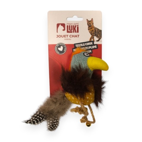 JOUET CHAT CORDE ET PLUME  FORME OISEAU 16X15CM