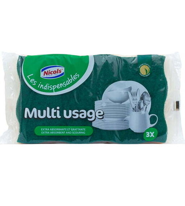 Nicols Les indispensables 3 Éponges à récurer vert multi usage