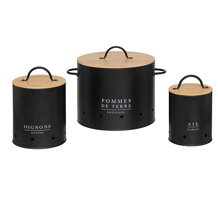 SET DE 3 BOITES EN FER ET BAMBOU NOIRES - POMMES DE TERRE - OIGNONS - AIL