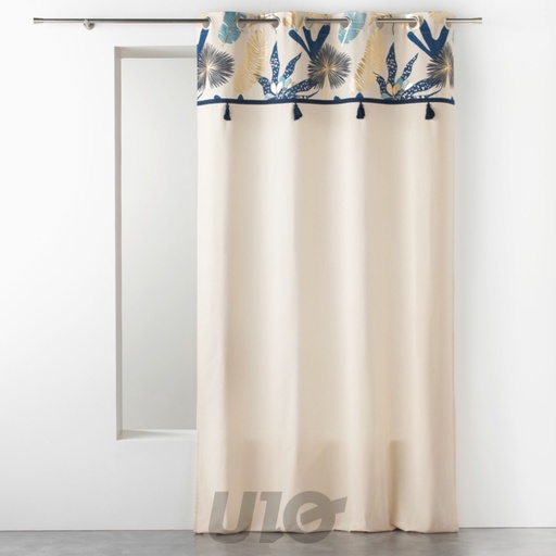 RIDEAU A OEILLETS 140 x 240 CM COTON UNI+TOP IMPRIME+POMPONS PRUSSEOR BLANC